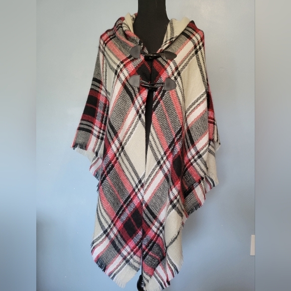Mixit Plaid Black Red Poncho One Size NWT - Picture 1 of 6